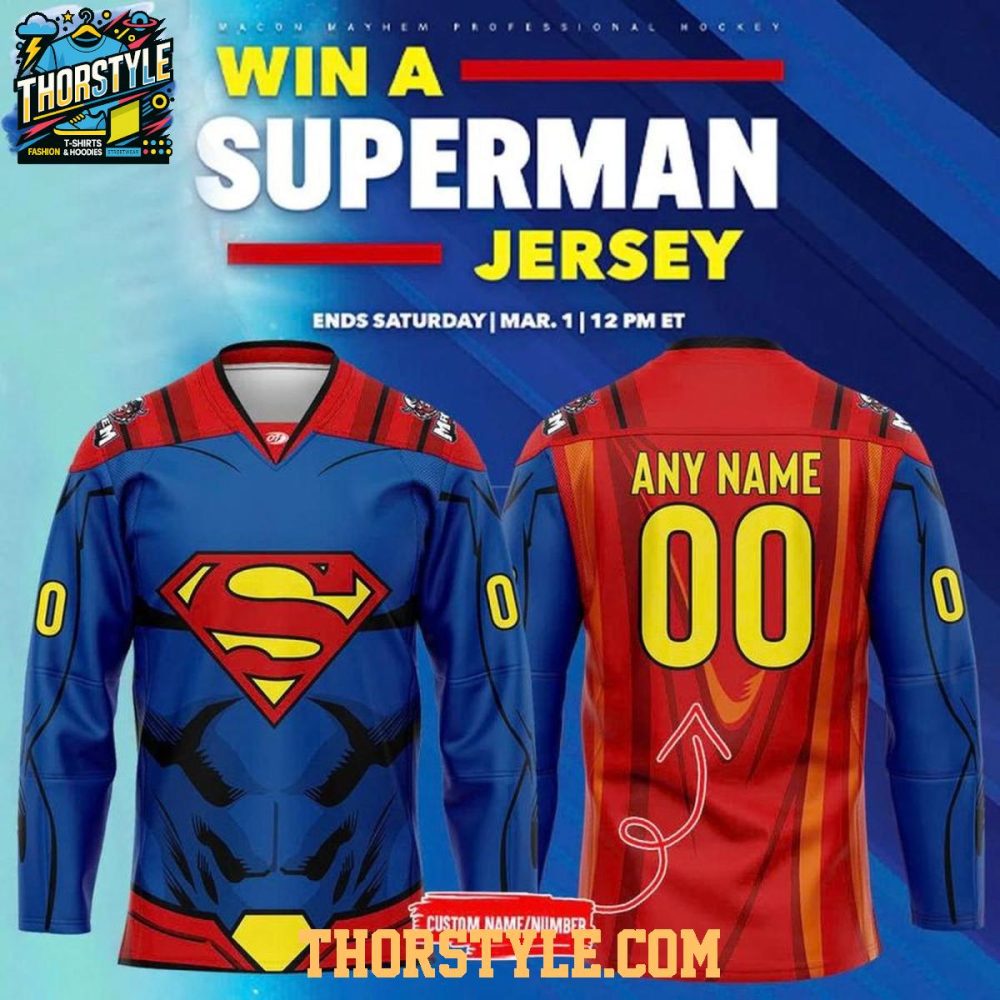 Macon Mayhem Superman 2026 Super Hero Night Personalized Hockey Jersey