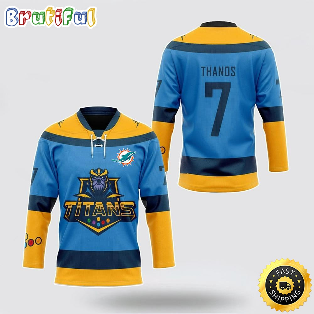Personalized NFL Miami Dolphins Hockey Jersey Thanos Marvel Titan Nfl Hockey Jersey For Fans