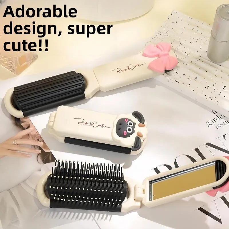 Portable Folding Hairbrush Massage Comb Long Hair Airbag Ladies Girls Stylish Air Cushion Comb Compact Mirror Integrated
